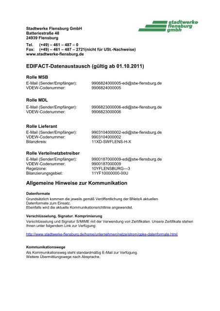 Kommunikationsdaten - Anlage 1 - Stadtwerke Flensburg