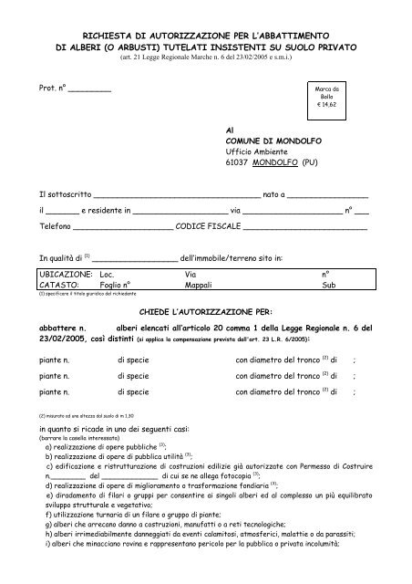 Modulo richiesta autorizzazione abbattimento alberi - Comune di ...