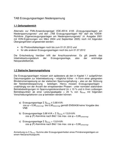 TAB Erzeugungsanlagen Niederspannung - Stadtwerke Iserlohn