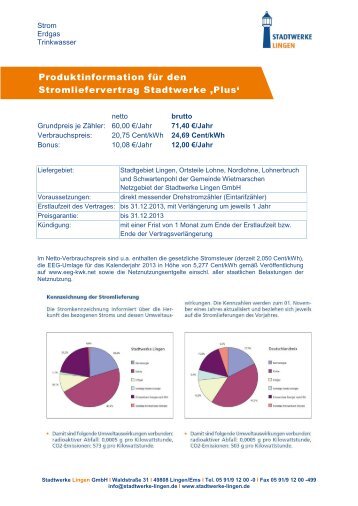 Pro duktinformation Stadtwerke 'Plus' - Stadtwerke Lingen GmbH