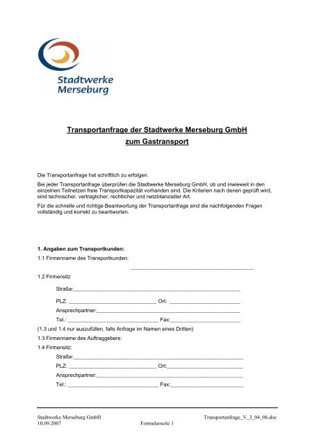 Transportanfrage - Stadtwerke Merseburg