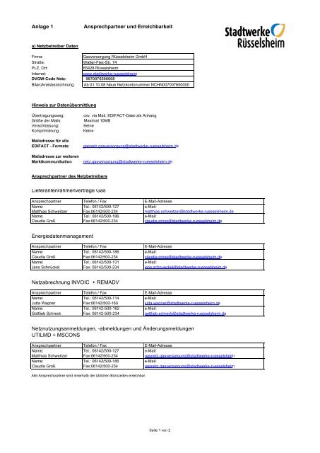 Anlage 1 Ansprechpartner und Erreichbarkeit ...