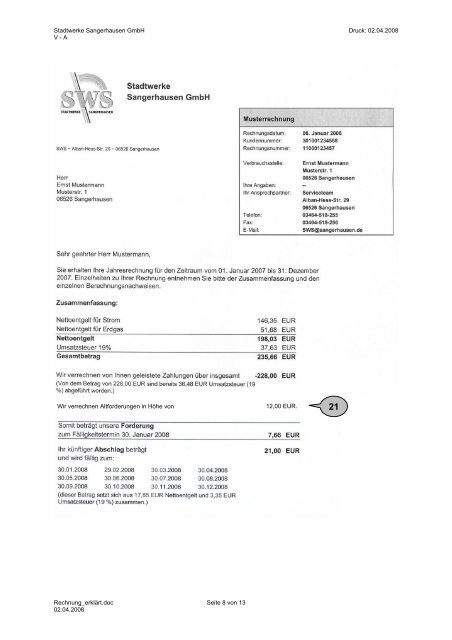 Rechnung erklärt - STADTWERKE SANGERHAUSEN GmbH