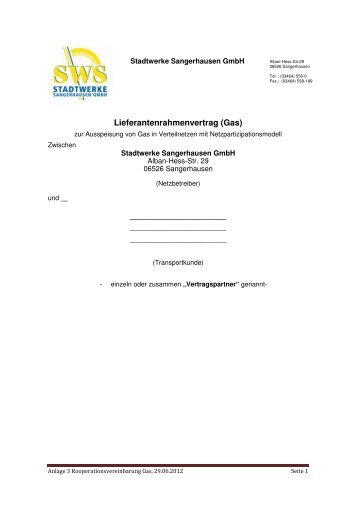 Lieferantenrahmenvertrag - STADTWERKE SANGERHAUSEN GmbH