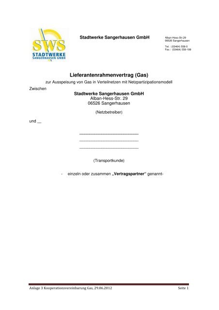 Lieferantenrahmenvertrag - STADTWERKE SANGERHAUSEN GmbH