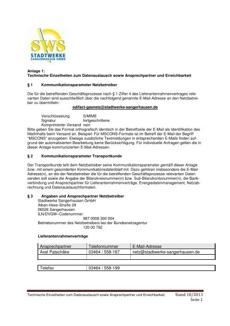 Lieferantenrahmenvertrag - STADTWERKE SANGERHAUSEN GmbH