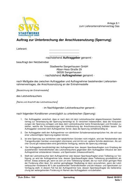 Lieferantenrahmenvertrag - STADTWERKE SANGERHAUSEN GmbH