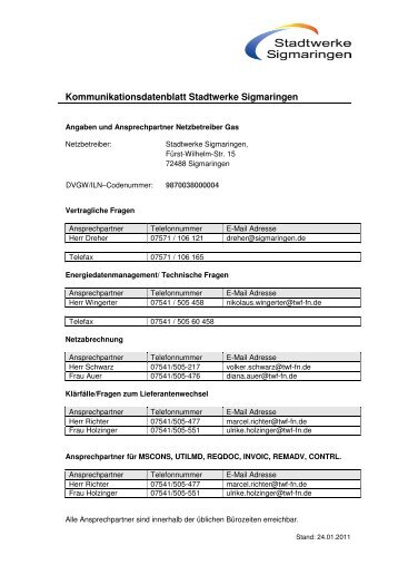 Anlage 2: Adressen und Ansprechpartner - Stadtwerke Sigmaringen