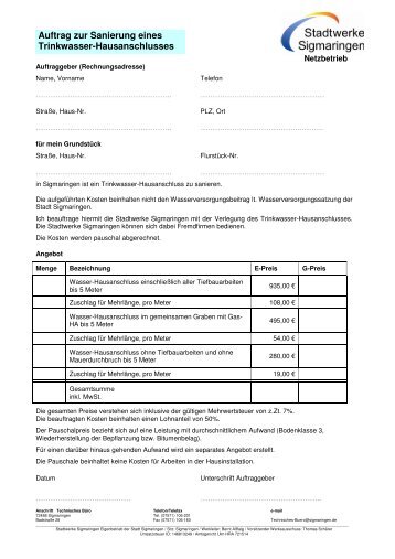 Auftrag Sanierung Trinkwasser-Hausanschluss - Stadtwerke ...