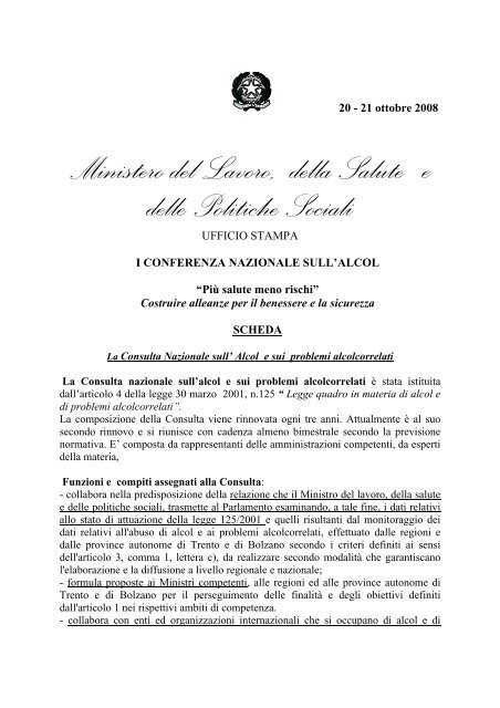 La Consulta nazionale sull'alcol e sui problemi alcolcorrelati