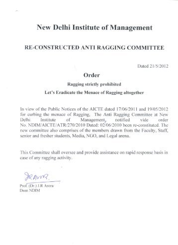 Anti Ragging Committee - New Delhi Institute of Management