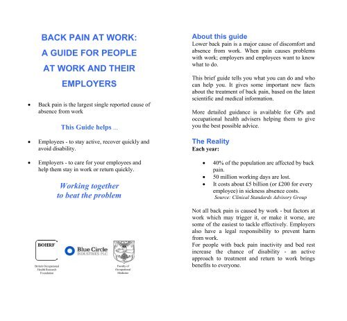 BACK PAIN AT WORK: - The British Occupational Health Research ...