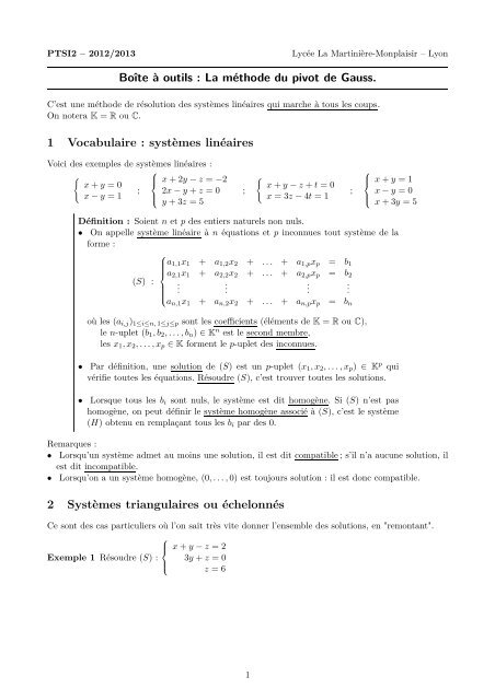 BoÃ®te Ã outils : La mÃ©thode du pivot de Gauss. 1 Vocabulaire ...