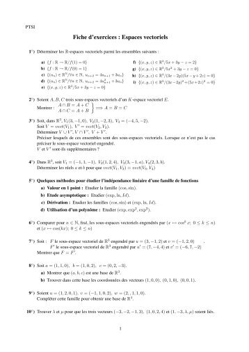 Fiche d'exercices : Espaces vectoriels - PT-PTSI