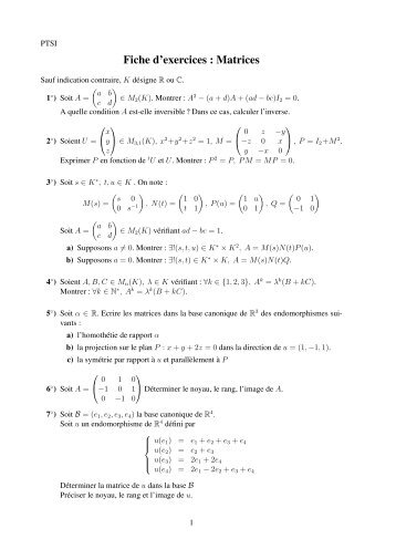 Fiche d'exercices : Matrices - PT-PTSI