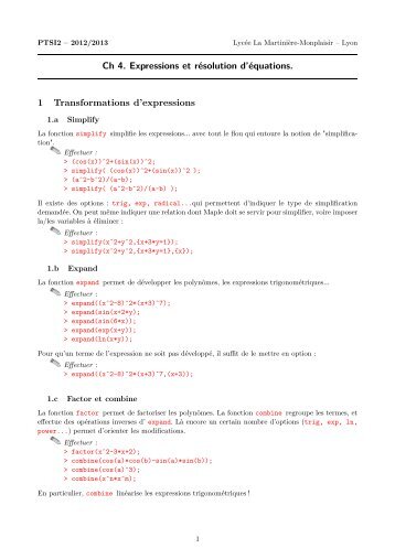 Ch 4. Expressions et rÃ©solution d'Ã©quations. 1 Transformations d ...