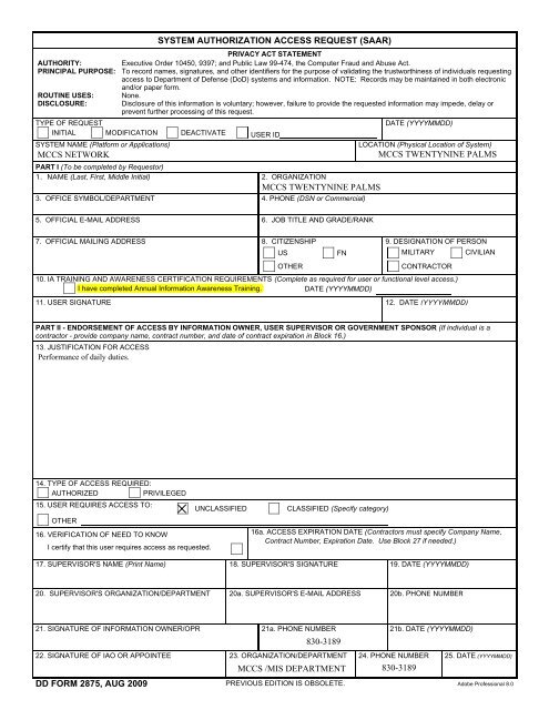 Dd Form 2875 System Authorization Access Request August 2009