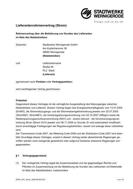 Lieferantenrahmenvertrag (Strom) - Stadtwerke Wernigerode