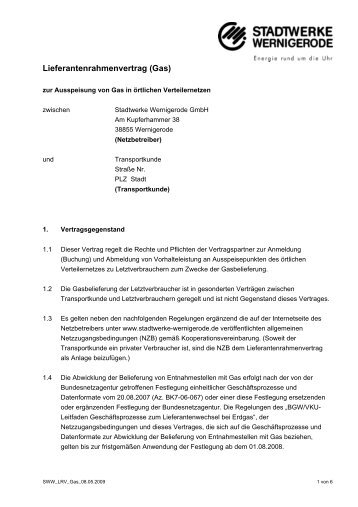 Lieferantenrahmenvertrag (Gas) - Stadtwerke Wernigerode