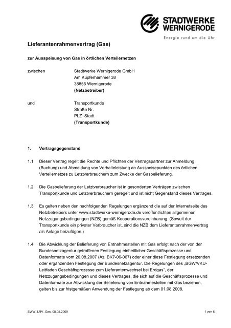 Lieferantenrahmenvertrag (Gas) - Stadtwerke Wernigerode