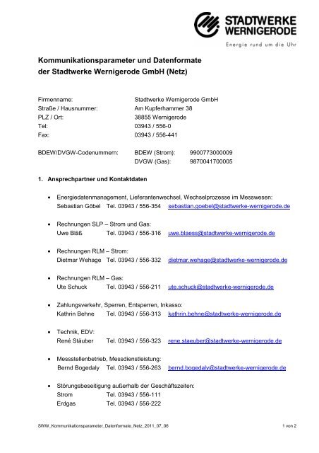 Kommunikationsparameter und Datenformate der Stadtwerke ...