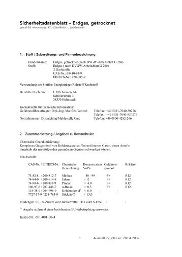 Sicherheitsdatenblatt – Erdgas, getrocknet - Stadtwerke Wernigerode
