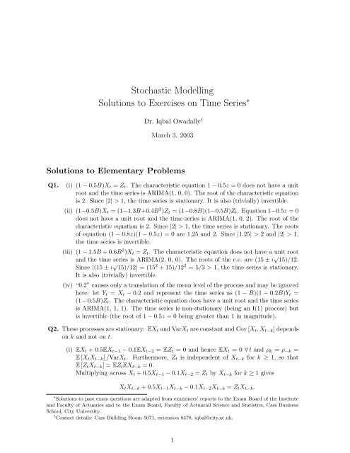 Stochastic Modelling Solutions to Exercises on Time Series∗