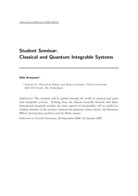 Student Seminar: Classical and Quantum Integrable Systems