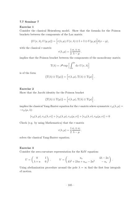 Student Seminar: Classical and Quantum Integrable Systems