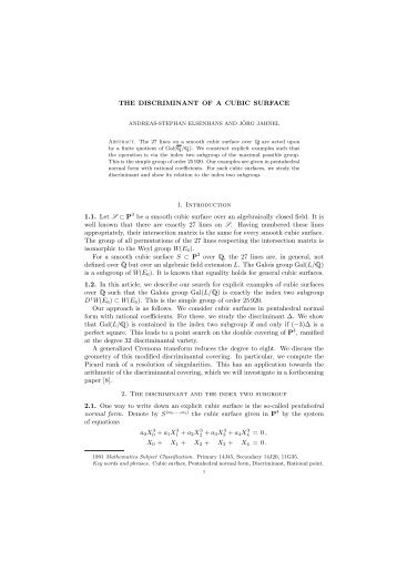 THE DISCRIMINANT OF A CUBIC SURFACE 1. Introduction 1.1. Let ...