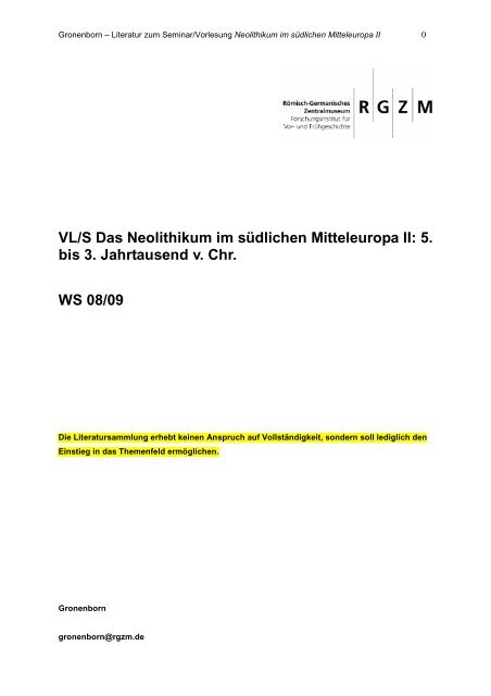 VL/S Das Neolithikum im südlichen Mitteleuropa II - Staff.uni-mainz.de