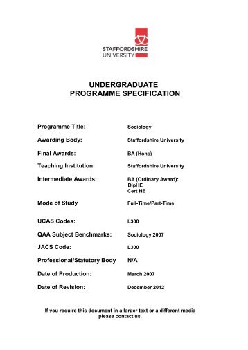 Sociology Programme Specification - Staffordshire University