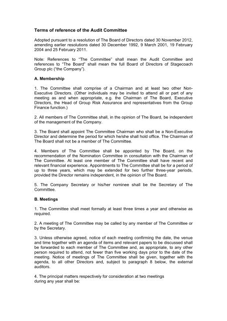 Terms of reference of the Audit Committee - Stagecoach Group