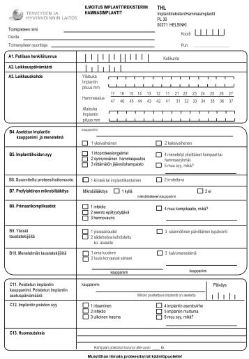 ILMOITUS IMPLANTTIREKISTERIIN HAMMASIMPLANTIT ... - THL