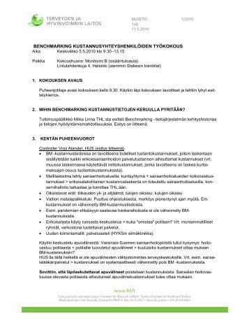 benchmarking kustannusyhteyshenkilöiden työkokous - THL