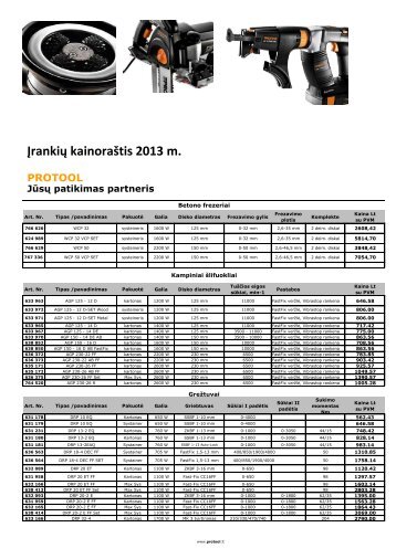 Įrankių kainoraštis 2013 m. PROTOOL