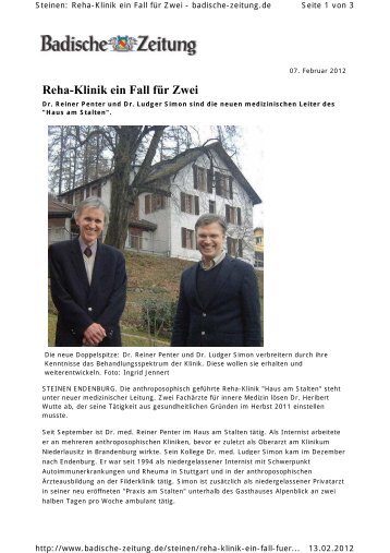 Reha-Klinik ein Fall fÃ¼r Zwei - im Sanatorium Haus am Stalten