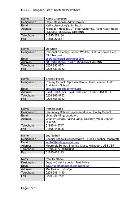 LSCB â Hillingdon, List of Contacts for Website Page 1 of 10 Name ...