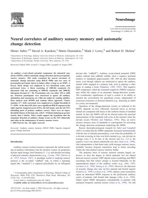 Neural correlates of auditory sensory memory ... - Purdue University