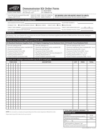 standard starter kit order form stampin up stampin up order form