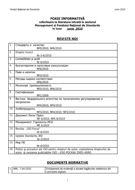 FOAIE INFORMATIVÄ REVISTE NOI DOCUMENTE NORMATIVE