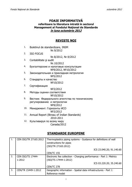 Foaie InformativÄƒ Reviste Noi Standarde Europene - Institutul NaÅ.