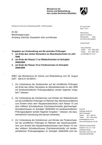 An die Bezirksregierungen Arnsberg, Detmold, DÃ¼sseldorf, KÃ¶ln und ...