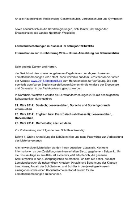 Schulmail zur Durchführung 2014 - Standardsicherung NRW