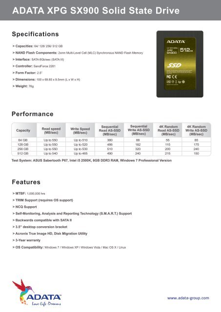 ADATA XPG SX900 Solid State Drive Specifications