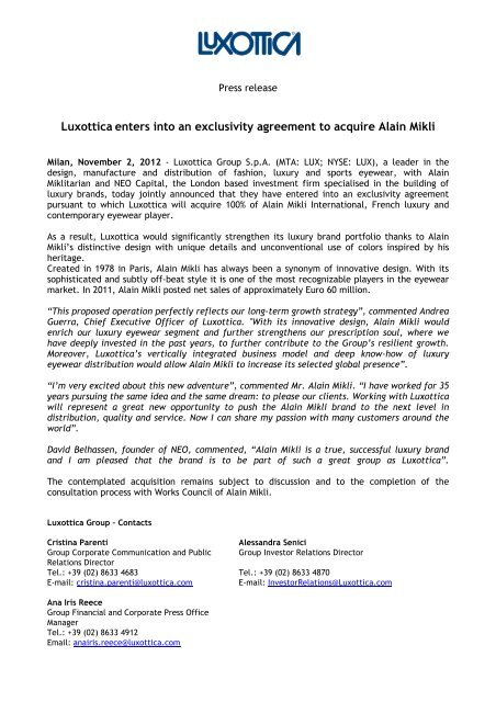 Luxottica Enters Into An Exclusivity Agreement To Acquire Alain Mikli