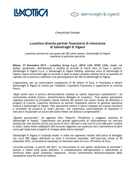 Luxottica diventa partner finanziario di minoranza di Salmoiraghi 