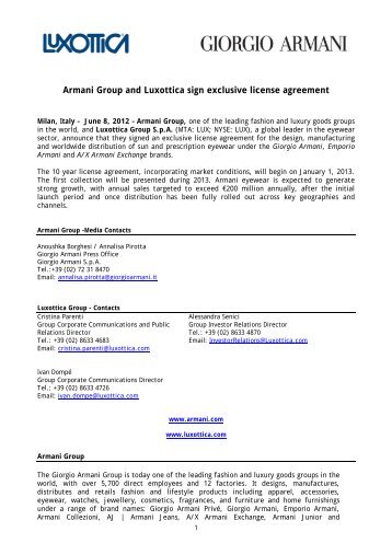 Armani Group and Luxottica sign exclusive license agreement