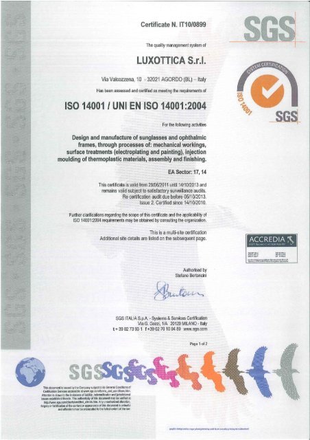 ISO 14001 certification for all the italian Luxottica plants