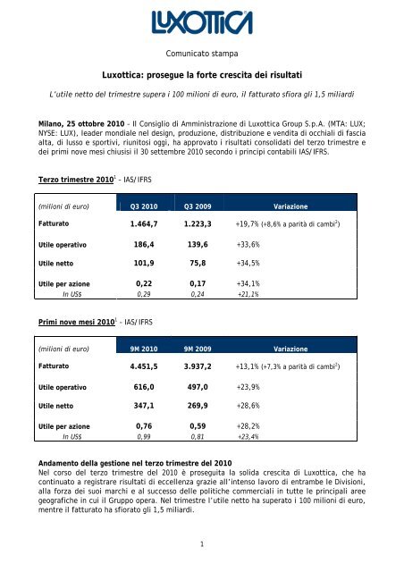 Luxottica: prosegue la forte crescita dei risultati